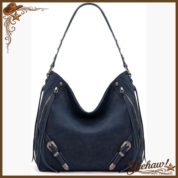 Handbags - Large Faux Suede Hobo Bag with Fringe & Buckle Details, Shoulder Strap